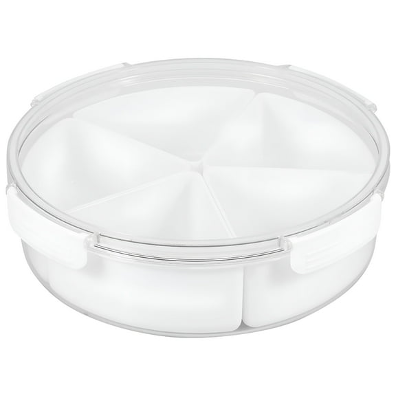 RAIRSKY Round Plastic Condiment Server Tray with Lid,5 Compartment Food Storage Containers,White
