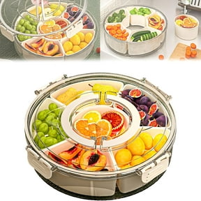 RAIRSKY Sealed Rotating Deli Vegetable Fruit Tray,12 Inch Fruit Tray Veggie Platter with Lid and Handle,360 Rotatable Snack Tray,Divided Serving Tray,6 Compartment Snack Box Container (1Pc)