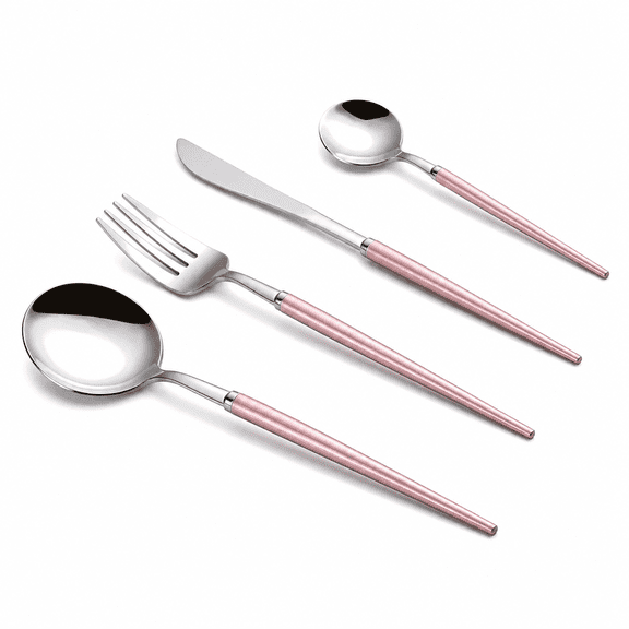 RAIRSKY Silverware Set with Solid Color Handle,4-Piece Stainless Steel Flatware Set,Kitchen Utensil Set Service for 1 - Pink