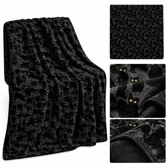 RAIRSKY Spooky Black Cat Throw Blanket Soft Flannel Fleece Blanket Glowing Yellow Eyes Black Cat Pattern Blanket for Couch Sofa Bed Halloween Decor 39.3*27.6in