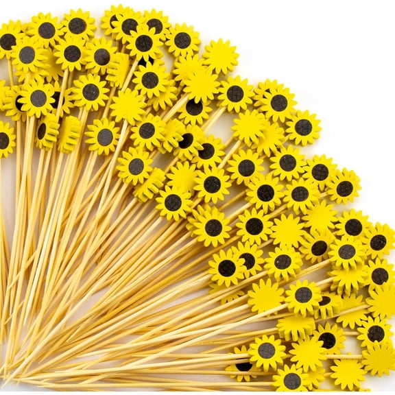 RAIRSKY Sunflower Cocktail Picks,100pcs 4.7'' Food Skewer for Appetizer Charcuterie | Fancy Sun Flower Toothpicks Fruit Sticks for Pringtime, Bridal Shower, Birthdays, Garden Floral Themed