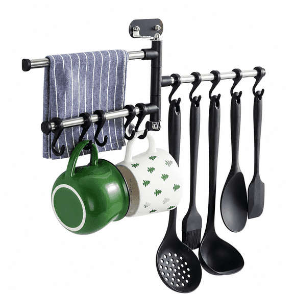 RAIRSKY Wall Mount Kitchen Utensil Holder Rotating Stainless Steel Rack Rail Hanger Hook Organizer for Spoon Pot Pan
