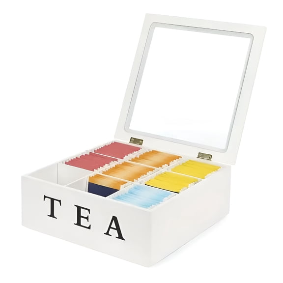 RAIRSKY Wood Tea Box Organizer,Tea Bag Holder with 9 Compartments,White