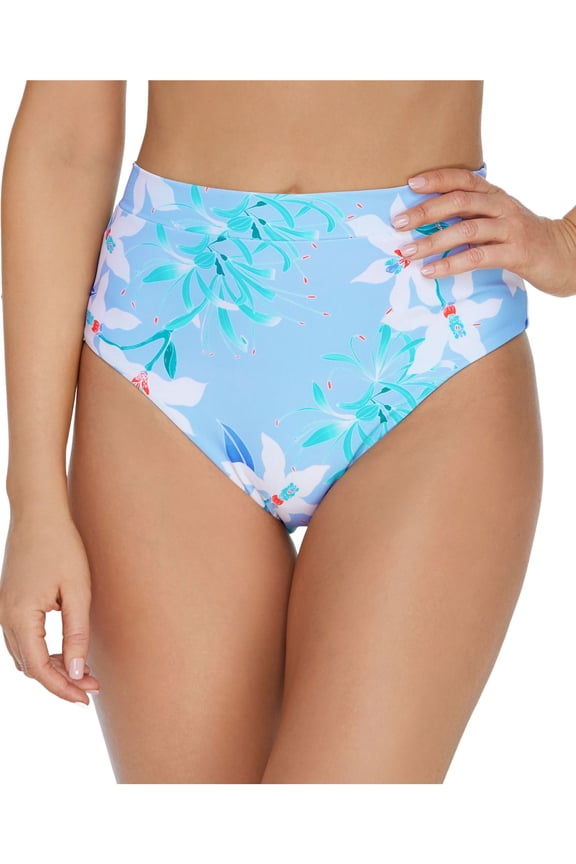 Women's Light Blue Tropical Print Stretch Lined Cheeky Bikini Moderate Coverage Summer Bloom High Waisted Swimsuit Bottom XL