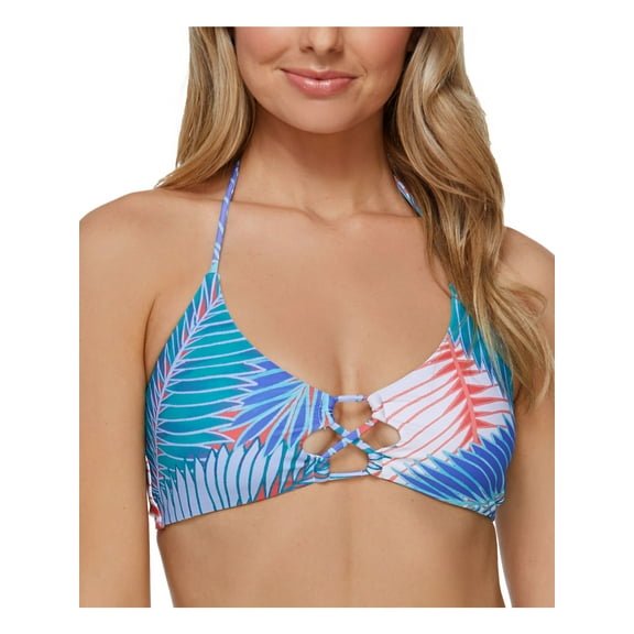RAISINS Women's Turquoise Palm Print Stretch Tie Removable Cups Bikini Strappy Cutout Costa Swimsuit Top S