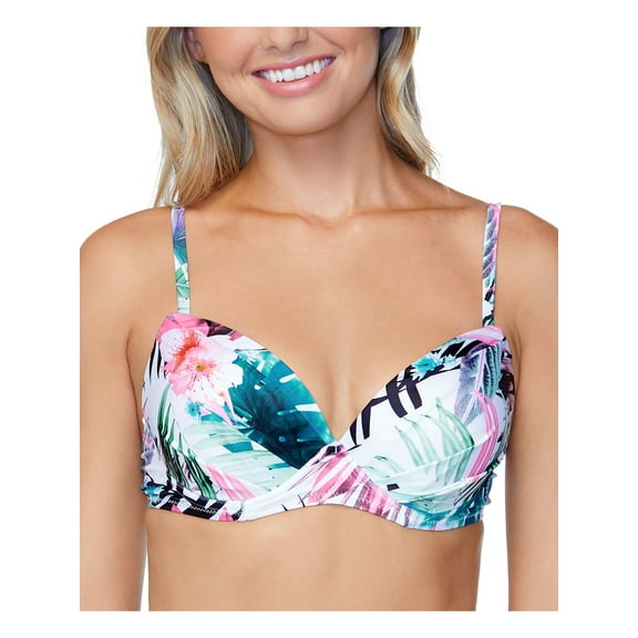 RAISINS Women's White Floral Stretch Push-Up Lined Molded Cup Deep V Neck Adjustable Moonshadow Swimsuit Top L