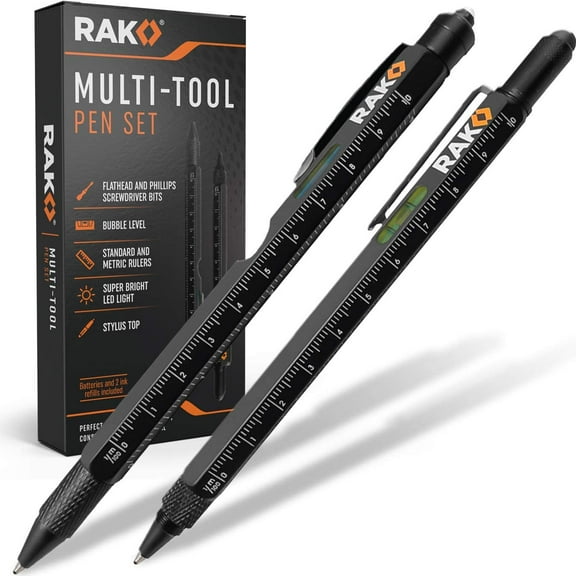 RAK 2-in-1 Multi-Tool Pen Set (2 Pack) Birthday Gifts for Men - LED Light, Stylus, Ruler, Level, Bottle Opener, Screwdriver, Ballpoint - Construction & Tactical Pen, Engineering Gift for men