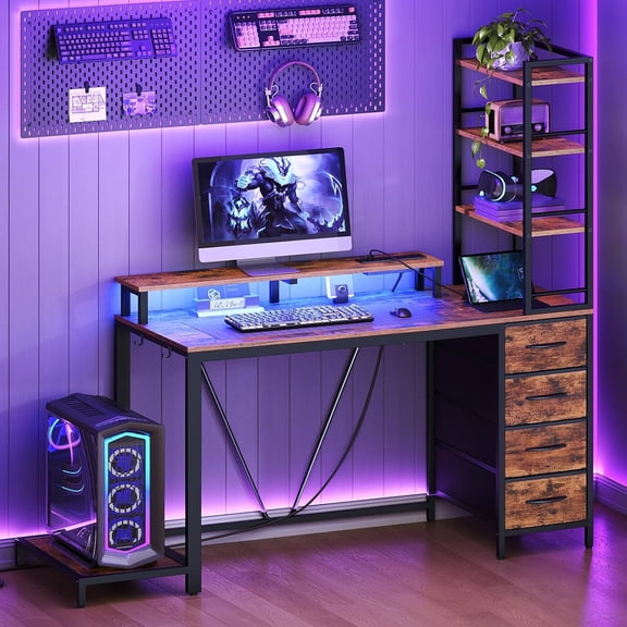 RALGEND 43 Inch Computer Desk with 4 Fabric Drawers, Gaming Desk with Storage, Shelves and Power Outlet, Industrial Gaming Desk with Hutch, LED Lights and Monitor Stand, for Home Office, Rustic Brown
