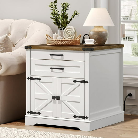 RALGEND Farmhouse End Table with Charging Station, 24'' Sofa Side Table with 2 Drawers and Barn Door, Large Rustic Wooden Square Nightstand for Bedroom, Living Room, White and Walnut