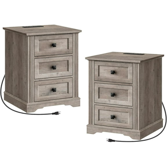 RALGEND Nightstand Set of 2, Night Stand with 3 Drawers, 18 Inch Wide End Table with Charging Station, Farmhouse Bedside Table, Side Table for Bedroom, Study, Greige