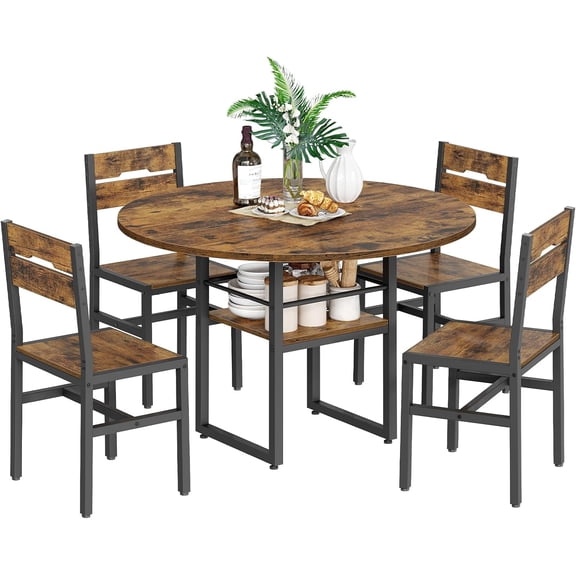 RALGEND Round Dining Table Set for 4, Circle Kitchen Table and 4 Chairs, 5 Piece Dining Table Set, with Wooden Tabletop and Widen Seat, Space Saving, for Dining Room, Rustic Brown and Black
