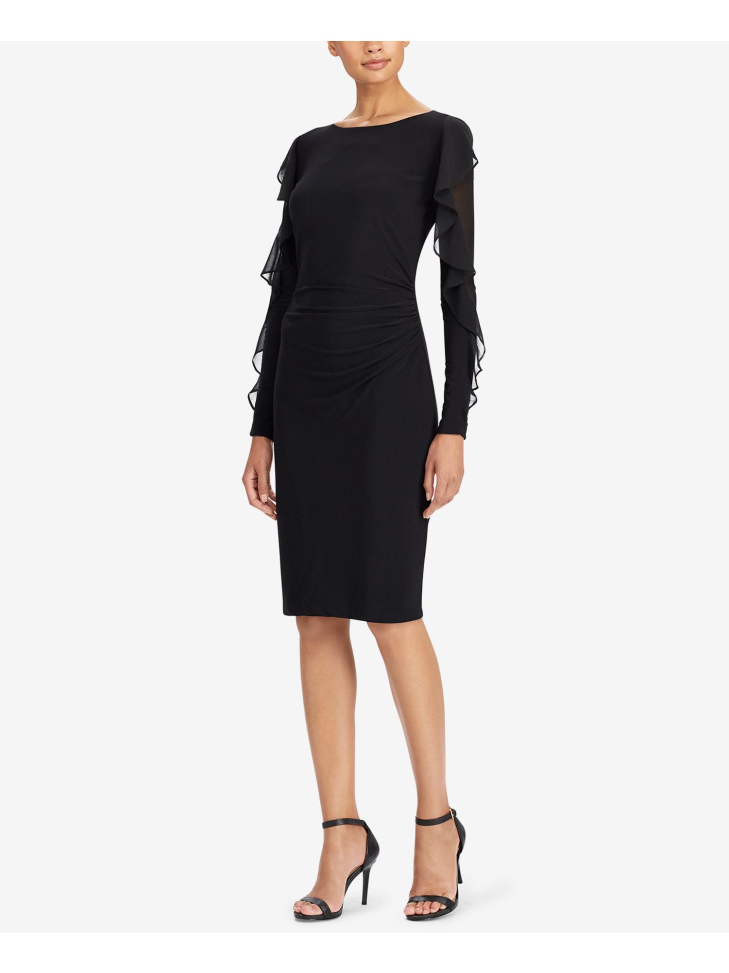 RALPH LAUREN $155 Womens Black Sheer-sleeve Ruffle-trim Sheath Dress 4 ...
