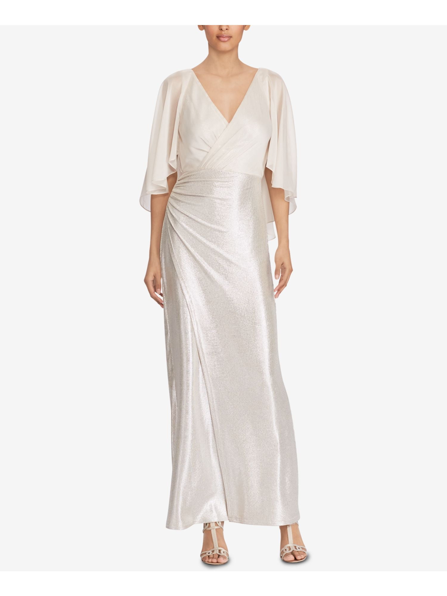 RALPH LAUREN $220 Womens New 1333 Gold Metallic Gown Faux Wrap Dress 4 ...