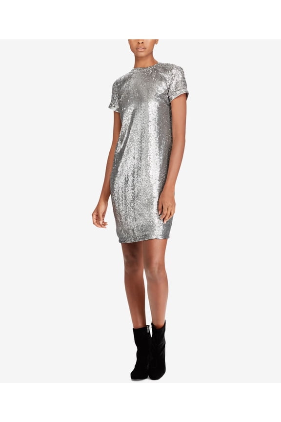 $245 Womens New 1497 Silver Sequined Short Sleeve Shift Dress 8 B+B