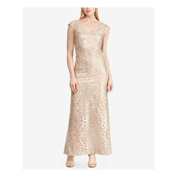 RALPH LAUREN $280 Womens New 1290 Beige Embroidered Mesh Gown 6 B+B