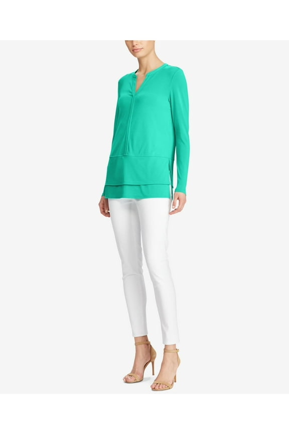 RALPH LAUREN $79 Womens New 1151 Green V Neck Long Sleeve Casual Top XS B+B
