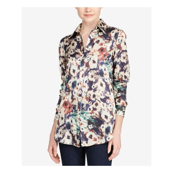 RALPH LAUREN $99 Womens New 1318 Blue Floral Collared Cuffed Button Up Top L B+B
