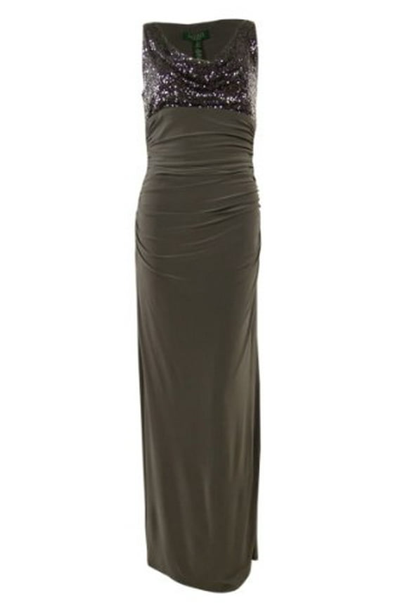 Cowl Neck Sequined Ruched Jersey Full Length Dress (12, Berry)