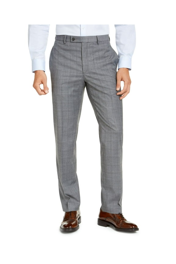 Mens Gray Lightweight, Windowpane Plaid Regular Fit Pants 32W X 30L