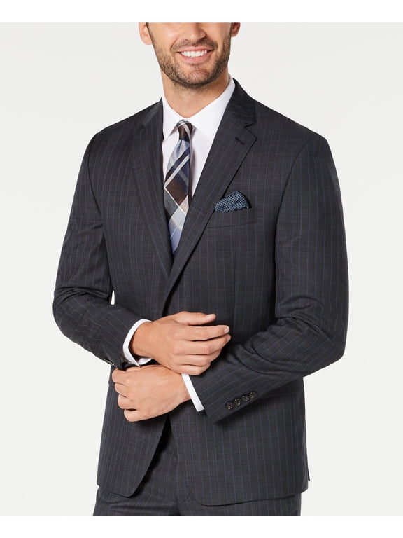 Mens Gray Single Breasted Stretch Pinstripe Classic Fit Suit Separate Blazer Jacket 46 LONG