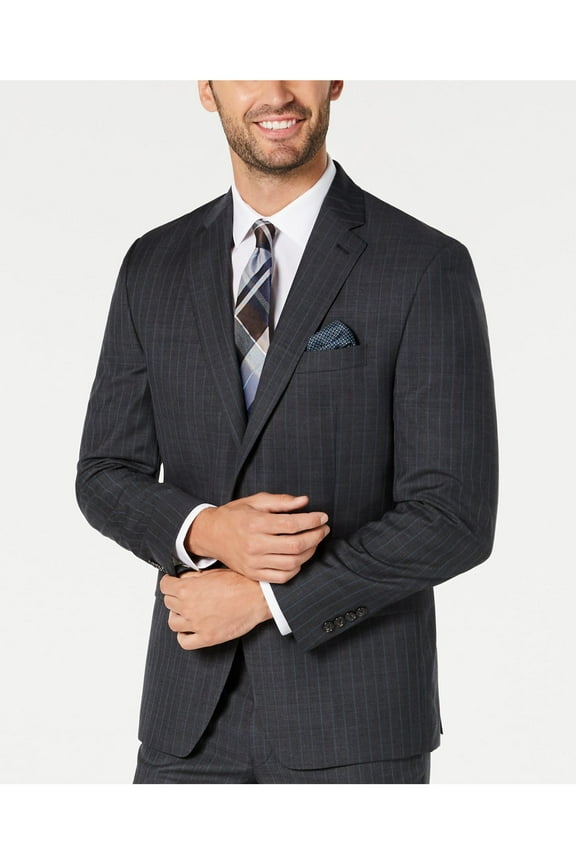 Mens Gray Single Breasted Stretch Pinstripe Classic Fit Suit Separate Blazer Jacket 46 LONG