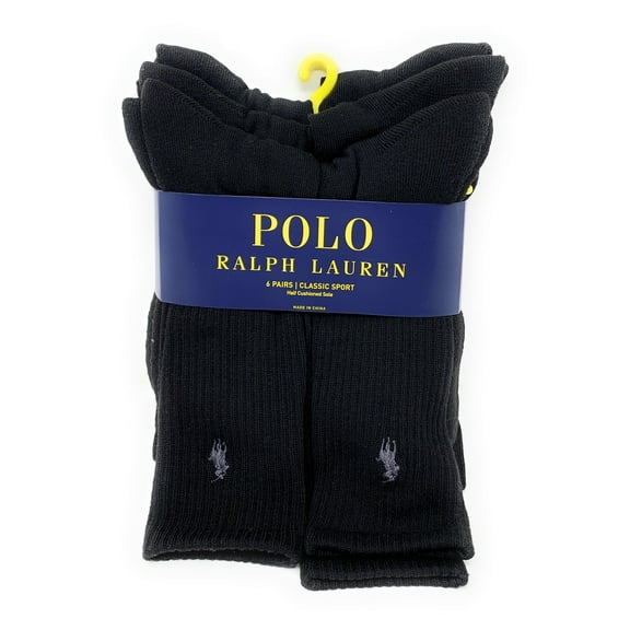 RALPH LAUREN SOCKS MEN'S - PACK 6 CREW SOCKS - LARGE 10 13 - BLACK