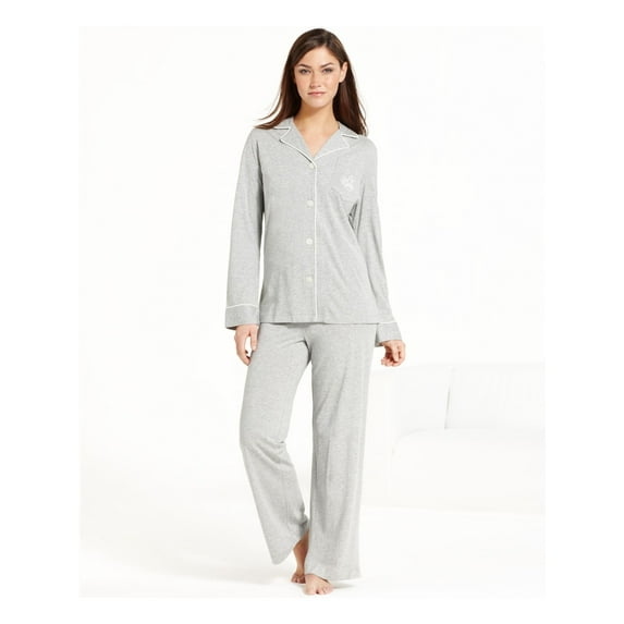 RALPH LAUREN Sets Gray Pocketed Heather Long Sleeve V Neck Button Up Straight leg Sleepwear Size M