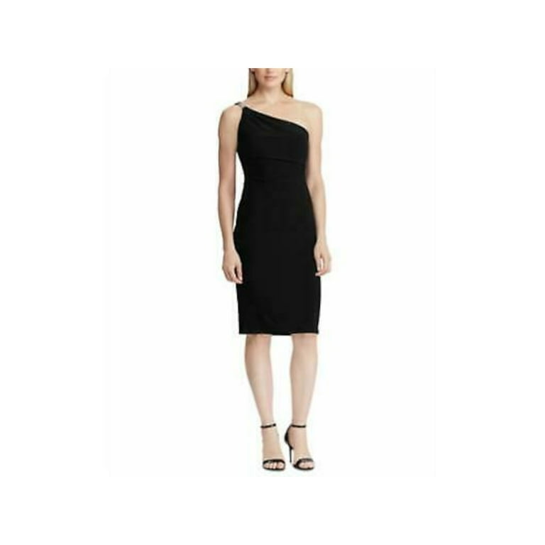 RALPH LAUREN Womens Black Embellished Sleeveless Asymmetrical Neckline  Below The Knee Cocktail Body Con Dress 8