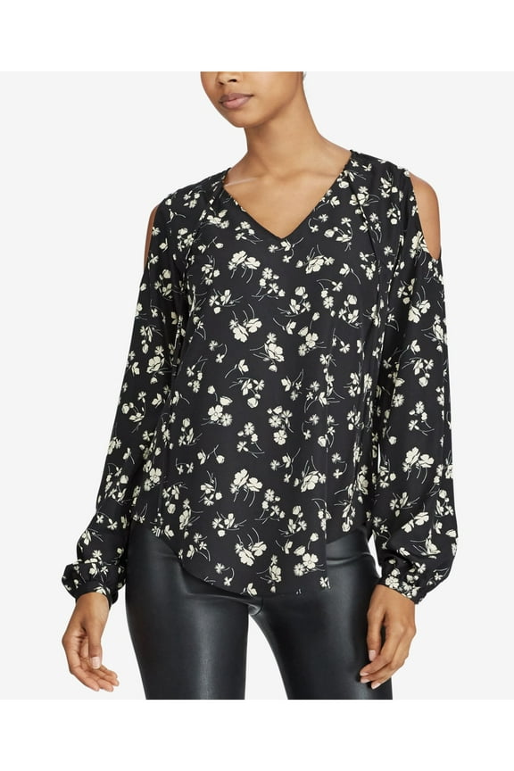 Womens Black Floral Long Sleeve V Neck Top Size: M