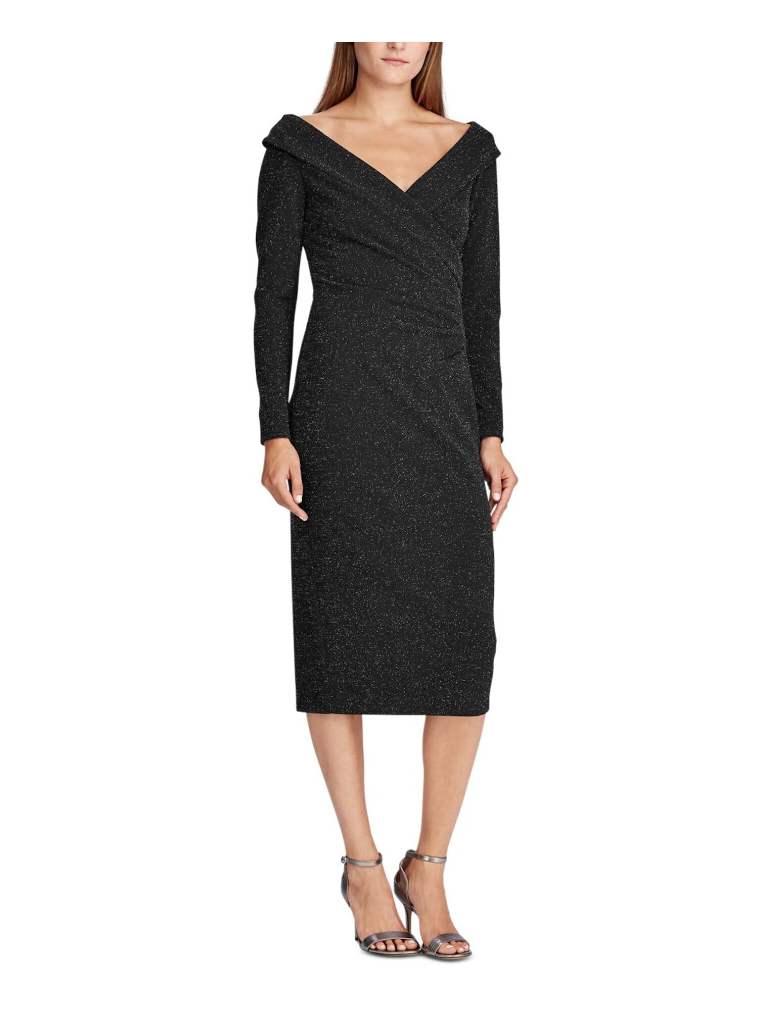 Ralph Lauren Women's Rhinestone Long Sleeve V Neck Maxi Fit Flare Evening Dress Black Size 12