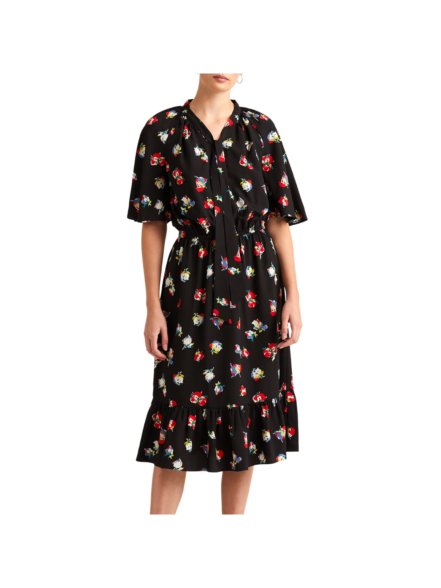 MICHAEL MICHAEL KORS Womens Black Ruffled Keyhole Back Elastic Waist Paisley Pouf Sleeve Boat Neck Above The Knee Party Tulip Dress main image 1