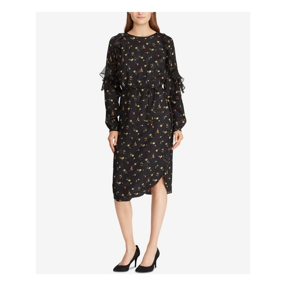 RALPH LAUREN Womens Black Ruffled Sheer Floral Long Sleeve Crew Neck Below The Knee Sheath Dress 10