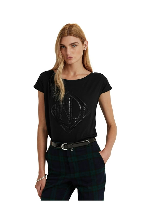 Womens Black Sequined Relaxed Fit Short Sleeve Boat Neck Top XL