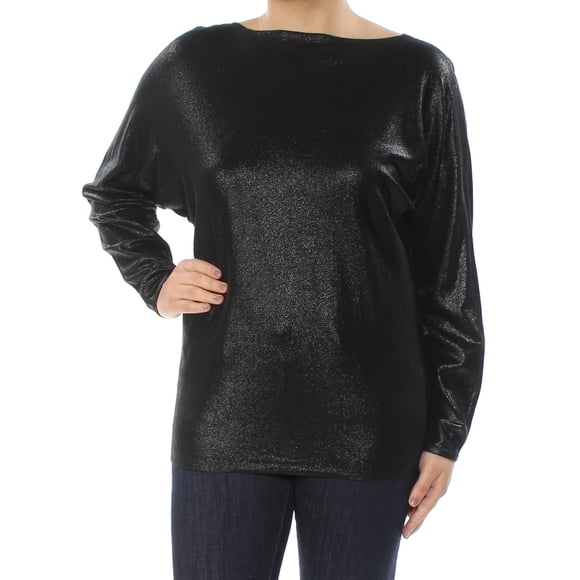 RALPH LAUREN Womens Black Shimmer Long Sleeve Boat Neck Tunic Top L
