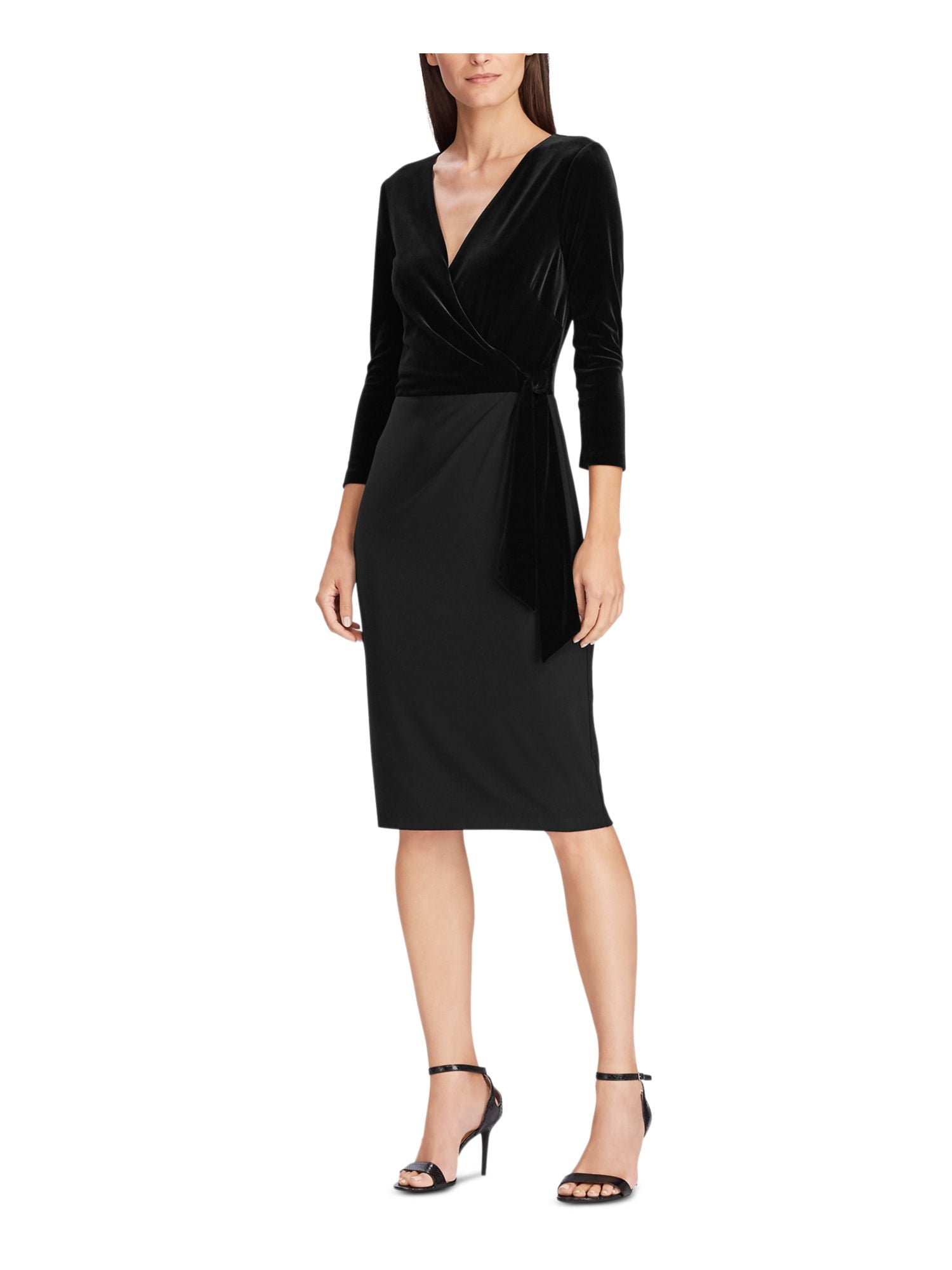 Lauren Ralph Lauren Womens Ruffled V Neck Midi Dress Black