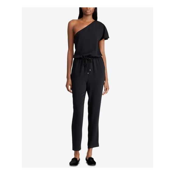 RALPH LAUREN Womens Black Twill One Shoulder Short Sleeve Asymmetrical Neckline Cropped Jumpsuit 6