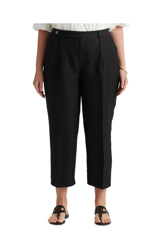 Womens Black Zippered Textured Pocketed Pleated Button Closure Wear To Work Cropped Pants Plus 18W