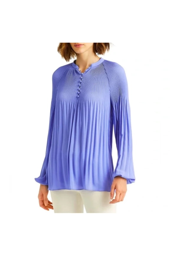 Womens Blue Ribbed Sheer Curved Hem Button Front Blouson Sleeve Round Neck Wear To Work Blouse XXL