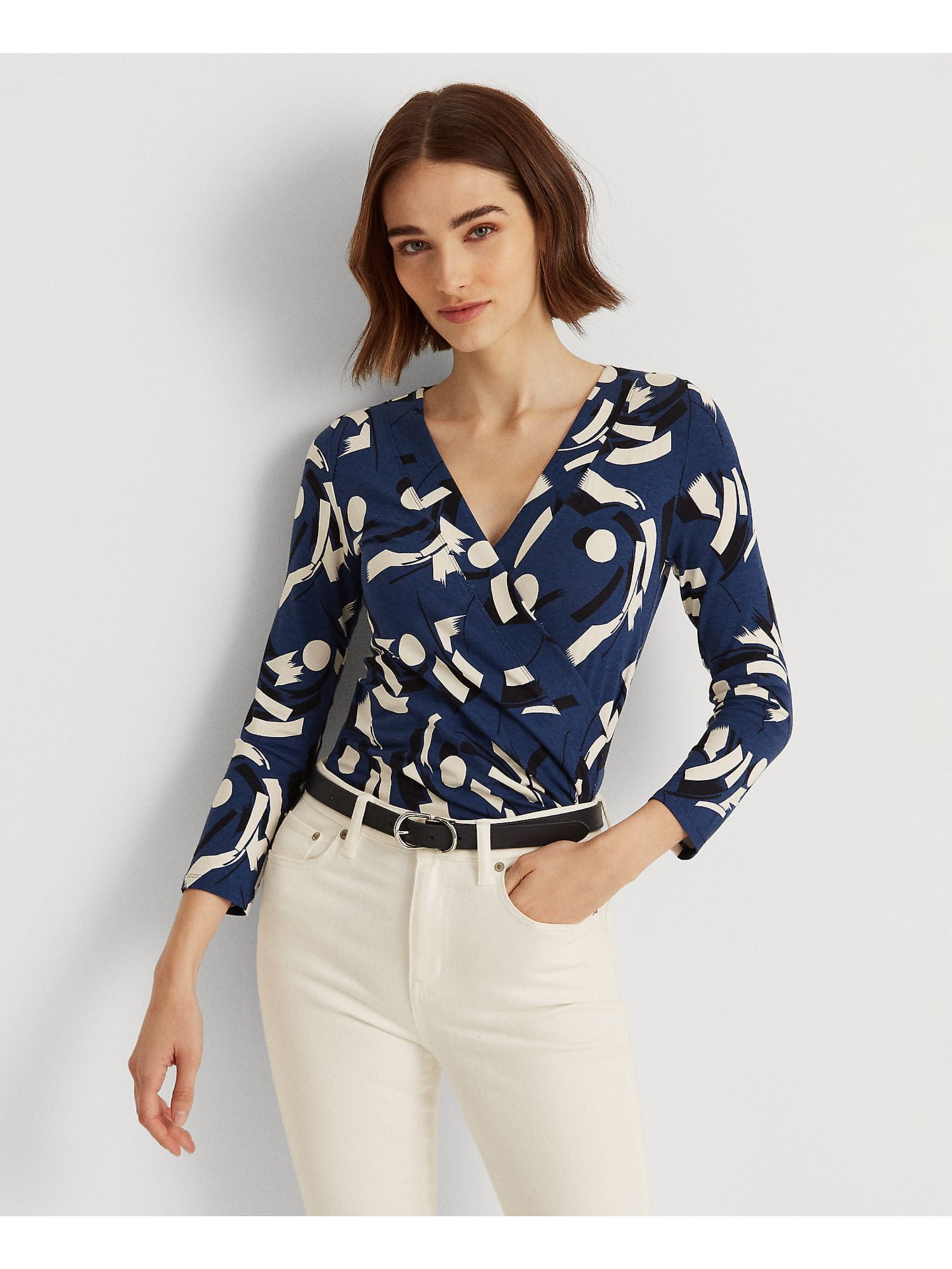 CINQ A SEPT Womens White Stretch Ruched Tie Collared Lined 3/4 Sleeve Surplice Neckline Faux Wrap Top main image 1