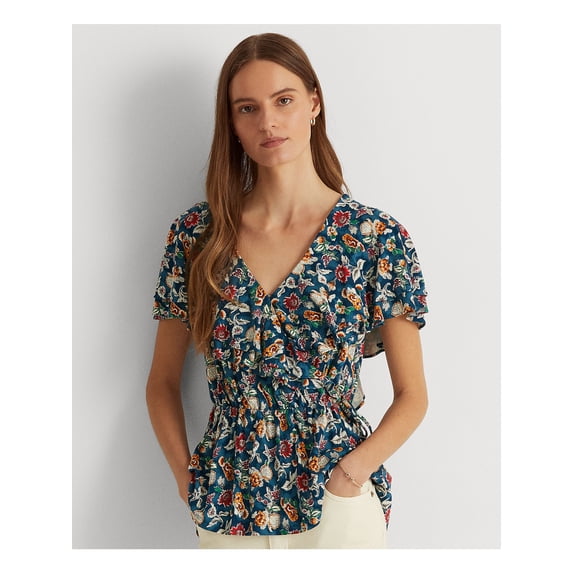 RALPH LAUREN Womens Blue Ruffled Tie Floral Flutter Sleeve Surplice Neckline Peplum Top XL