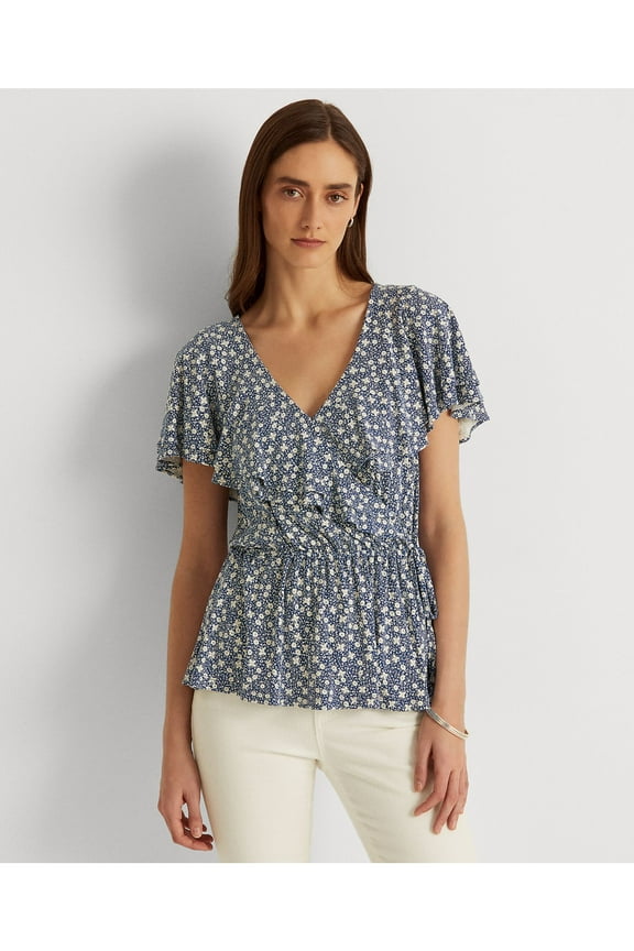 Womens Blue Ruffled Tie Hook And Eye Front Floral Flutter Sleeve V Neck Peplum Top XL