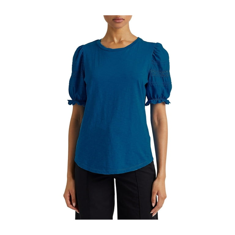 RALPH LAUREN Womens Blue Scalloped Pleated Lace Heather Pouf