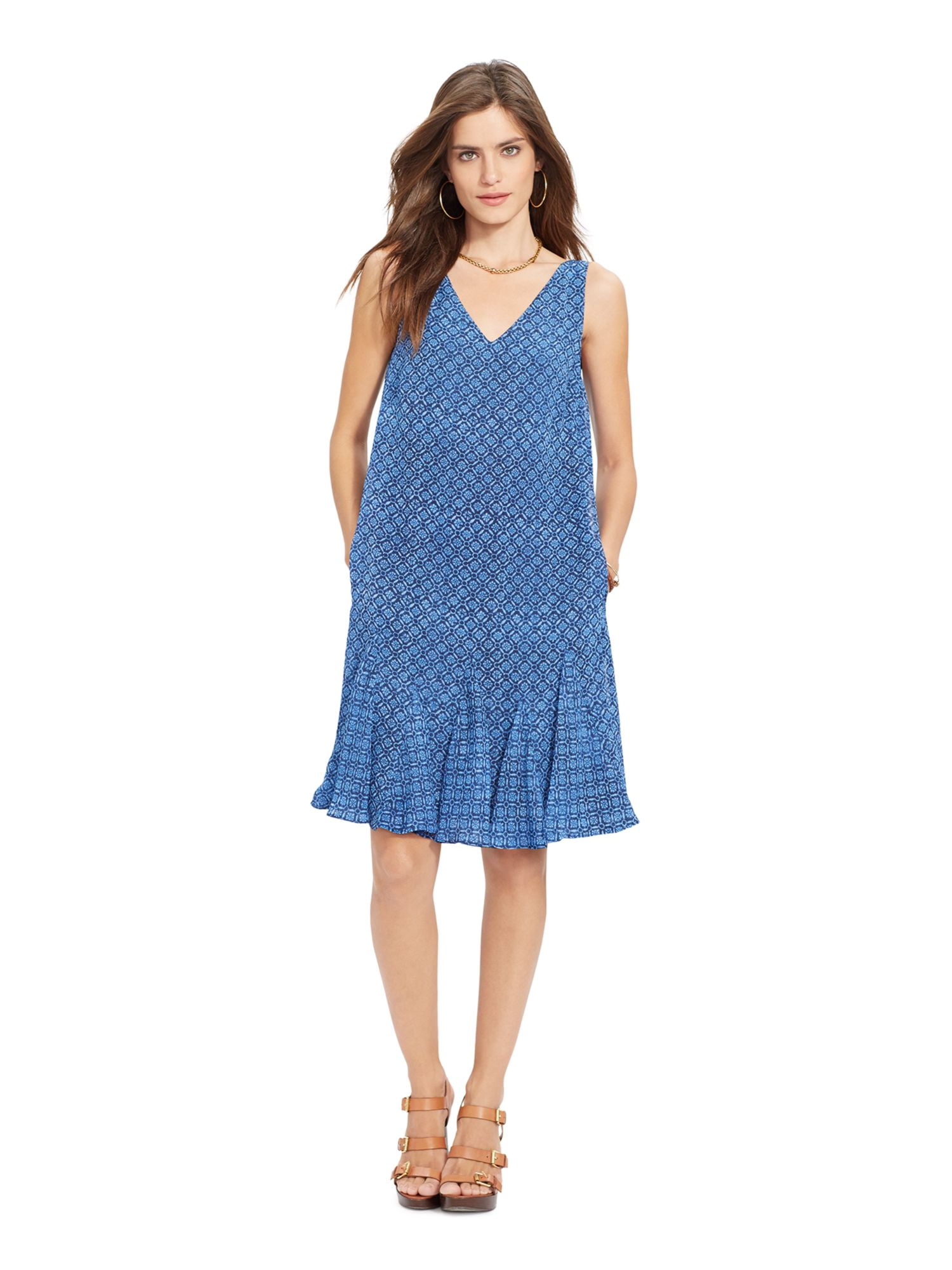 RALPH LAUREN Womens Blue V Neck Drop Waist Dress Regular Size: 12 -  Walmart.com