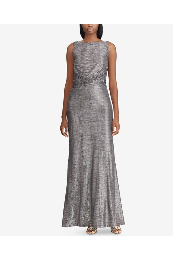 Womens Gray Low Back Metallic Sleeveless Boat Neck Full-Length Evening Dress Size: 2