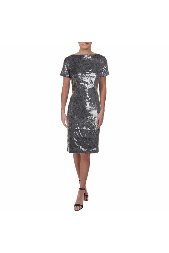 Womens Gray Sequined Short Sleeve Boat Neck Knee Length Evening Shift Dress 4