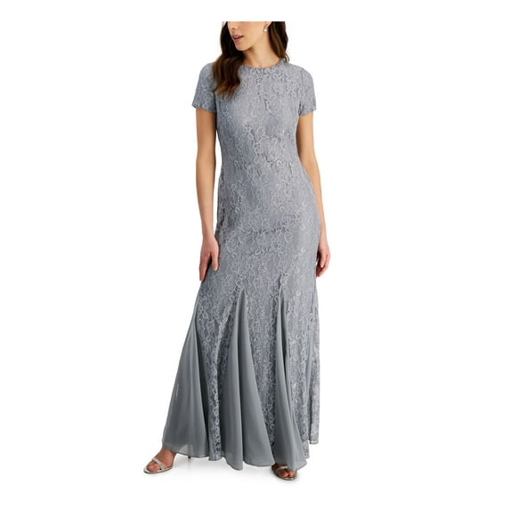 RALPH LAUREN Womens Gray Zippered Lace Godet Panels Lined Sheer Floral Cap Sleeve Round Neck Full-Length Formal Gown Dress 8