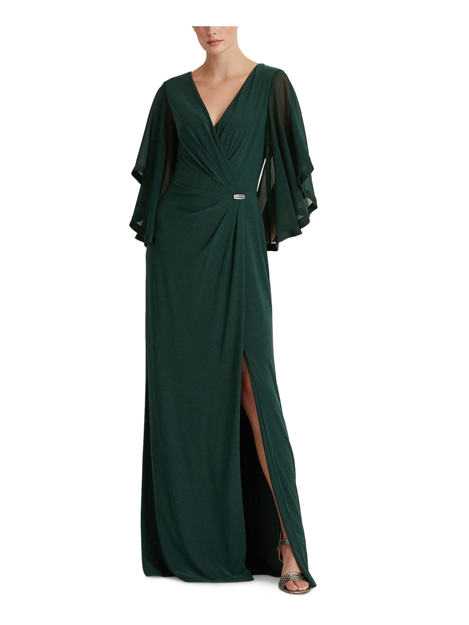RALPH LAUREN Womens Green Stretch Zippered Ruched Draped Sleeves Brooch  Slitted Surplice Neckline Full-Length Evening Gown Dress 6 - Walmart.com