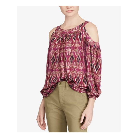 RALPH LAUREN Womens Maroon Printed Long Sleeve Scoop Neck Top Size: L