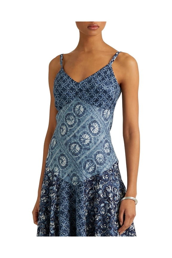 Womens Navy Adjustable Zippered Handkerchief Hem Partially Lined Printed Spaghetti Strap V Neck Tea-Length A-Line Dress 8