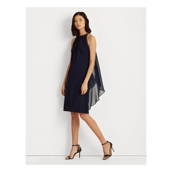 RALPH LAUREN Womens Navy Beaded Sheer Draped Side Sleeveless Crew Neck Knee Length Sheath Dress 6